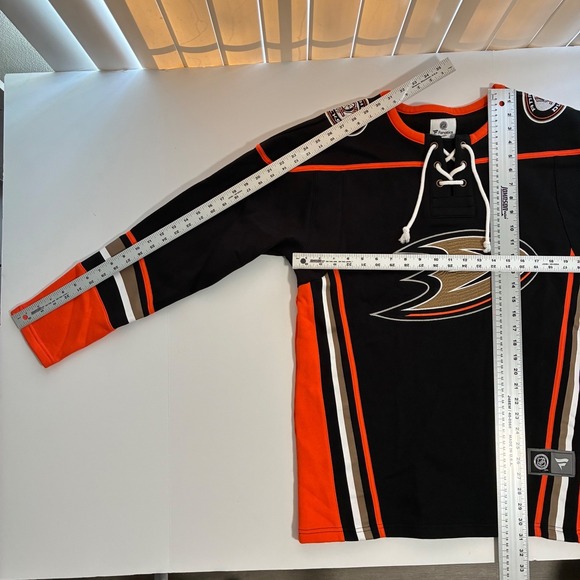 Anaheim Ducks Fan NHL Black Orange Lace Up old time style Hockey Jersey Men's M - Picture 9 of 11